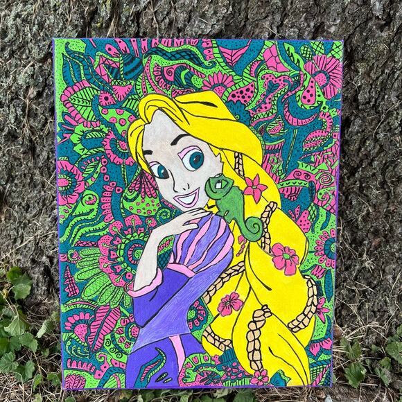 Rapunzel & Pascal Mandala Hand Painted Art Canvas 8"x10" - Picture 2 of 2